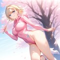 桜の下でパーカー長袖ハイレグレオタード姿の金髪ショート新体操美少女 2枚目
