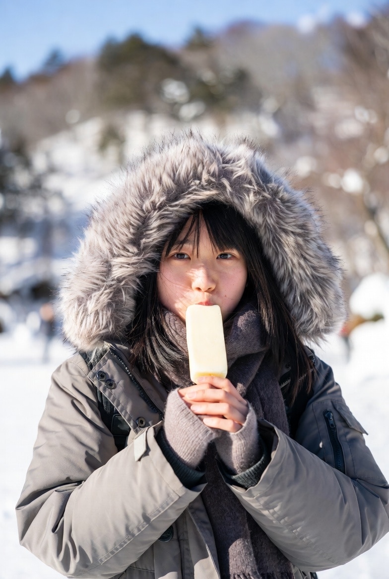雪の中、アイスを食べる女の子。 | の人気AIイラスト・グラビア