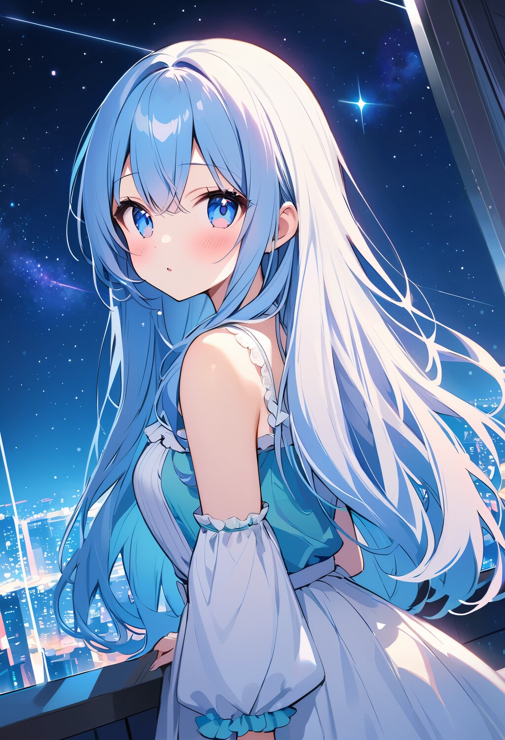 星空と夜景の綺麗な場所に星空みたいな子
