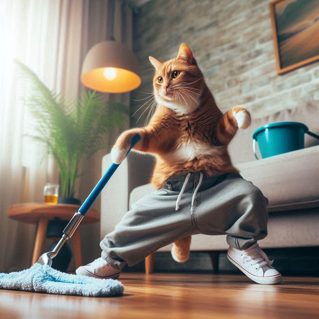 掃除させられる猫