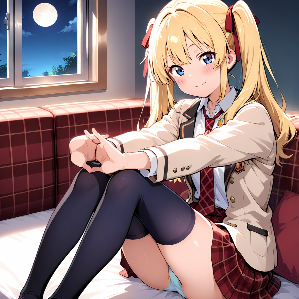 夜のソファで無防備にパンツ見せちゃう金髪ツインテ莉奈ちゃん♡