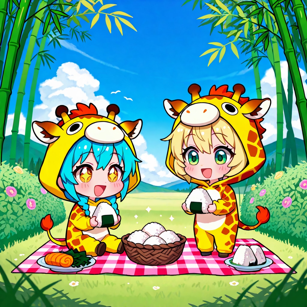 おにぎりを食べるキリン着ぐるみちび子ちゃん