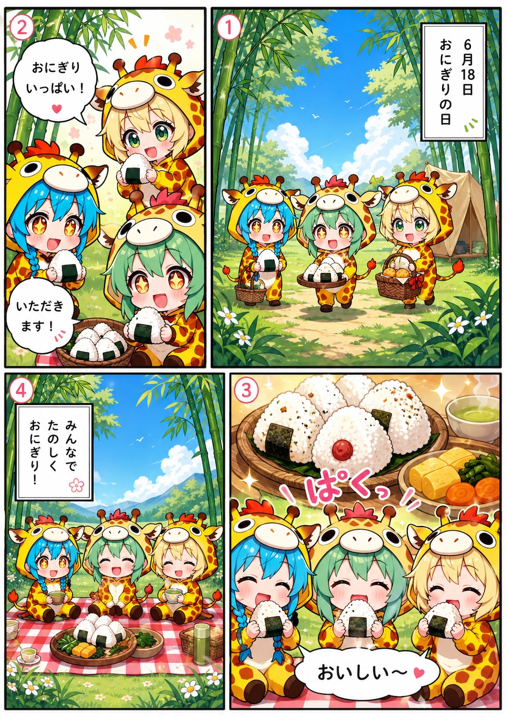 おにぎりを食べるキリン着ぐるみちび子ちゃん