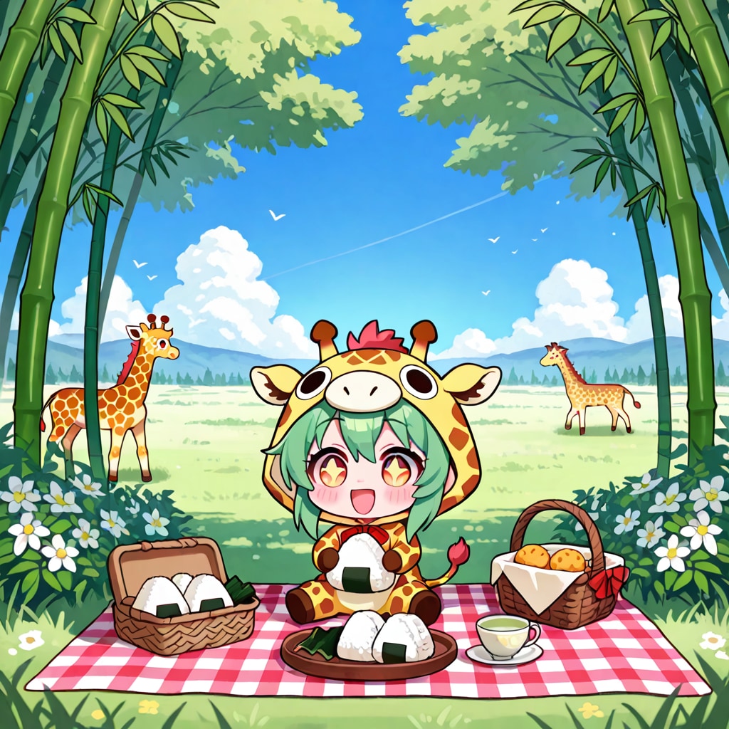 おにぎりを食べるキリン着ぐるみちび子ちゃん