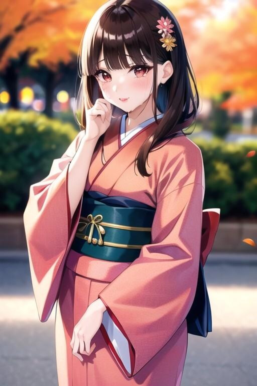 春秋の赤和服娘
