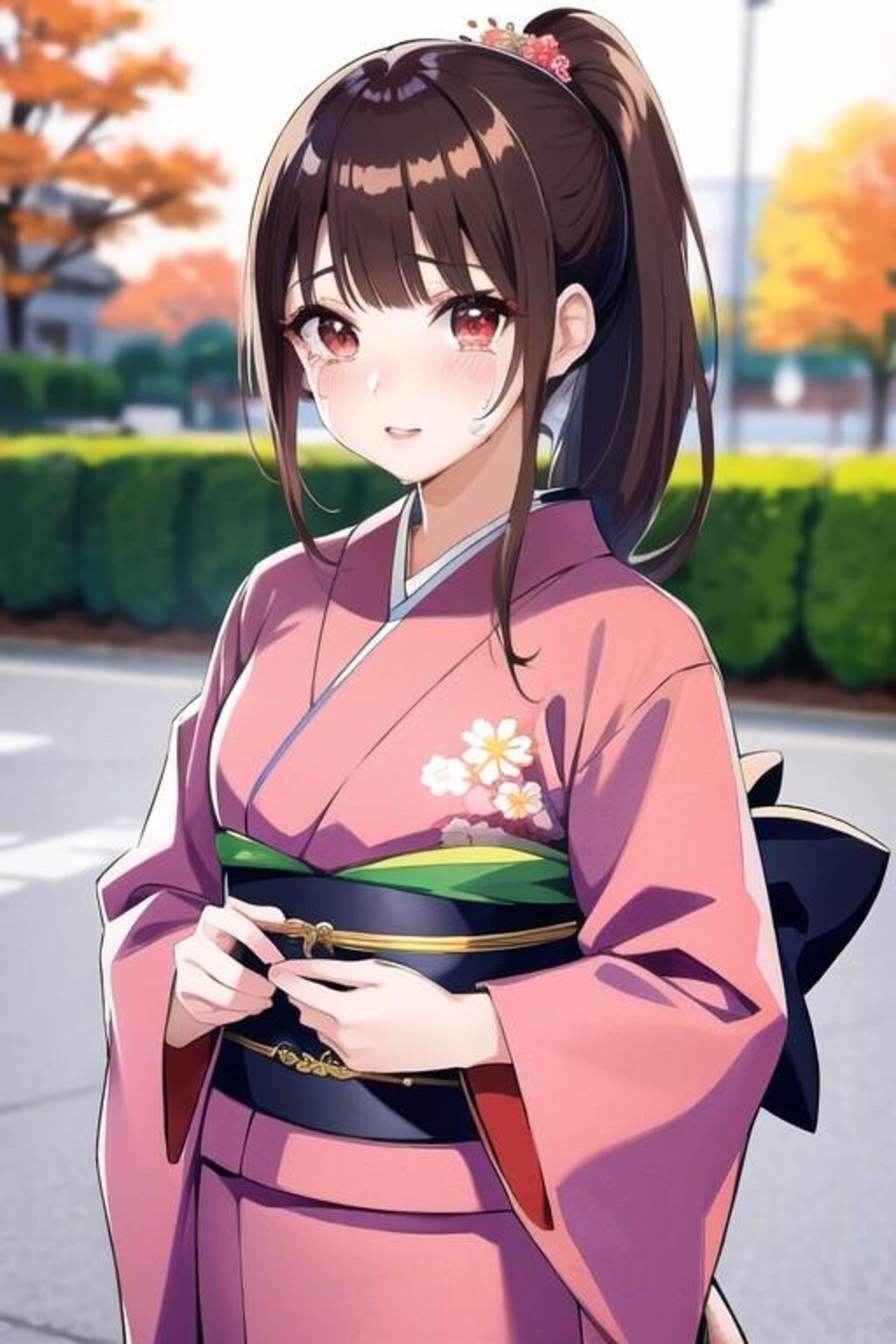 春秋の赤和服娘