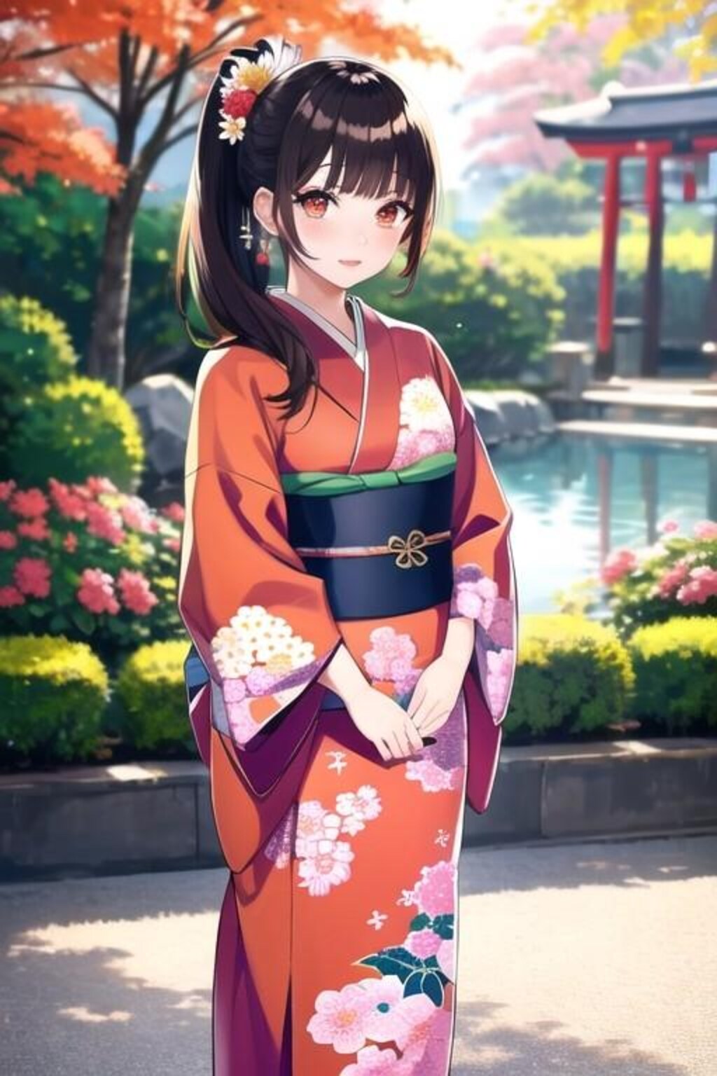 春秋の赤和服娘