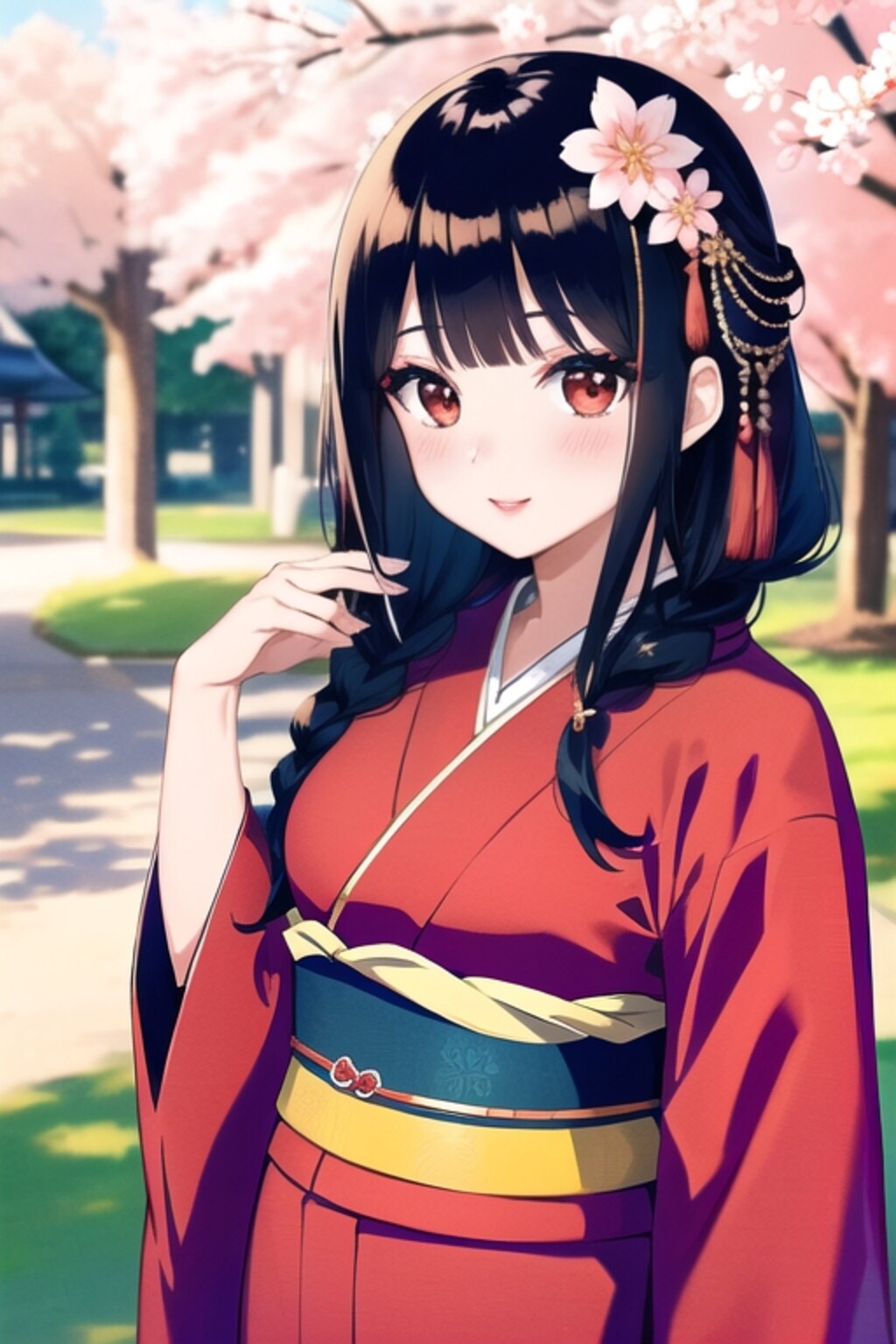春秋の赤和服娘