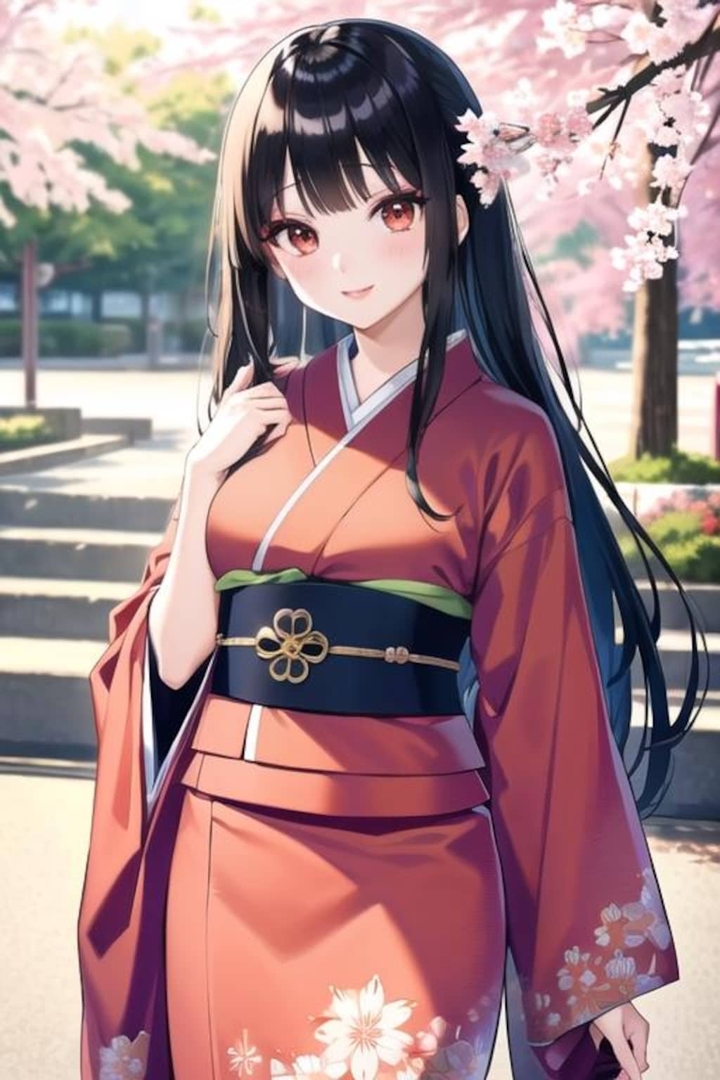 春秋の赤和服娘