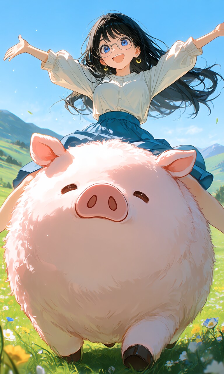 豚さんに乗る月子