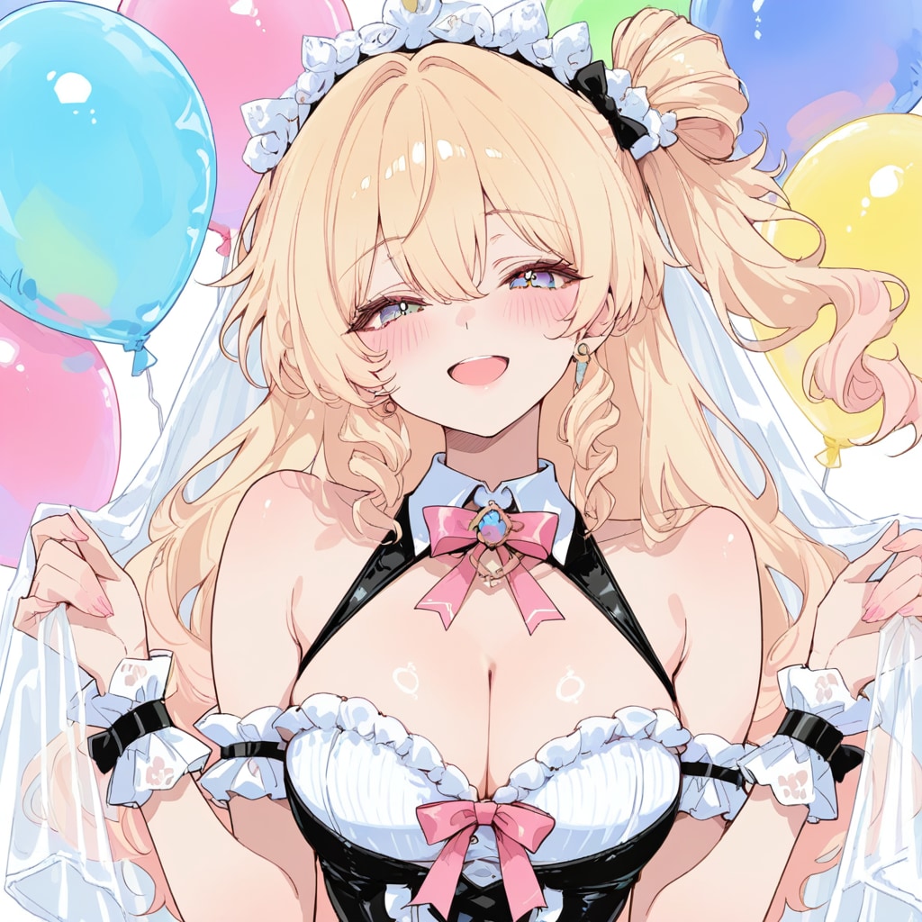 いっぱい色とりどりの風船を持つブロンドロングウェーブヘアのアイドル衣装着た美少女