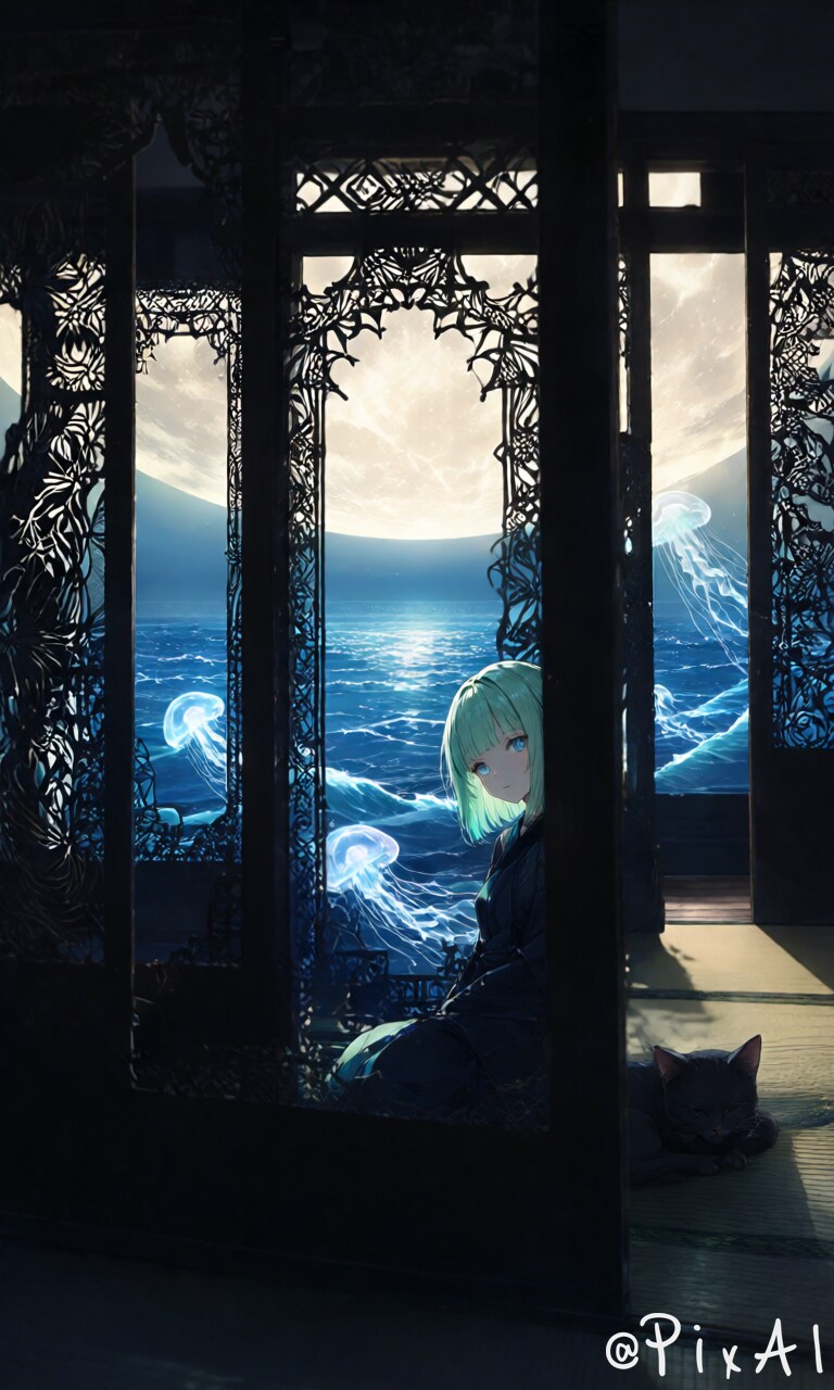 黒漆の陰に浮かぶ月とクラゲ | の人気AIイラスト・グラビア