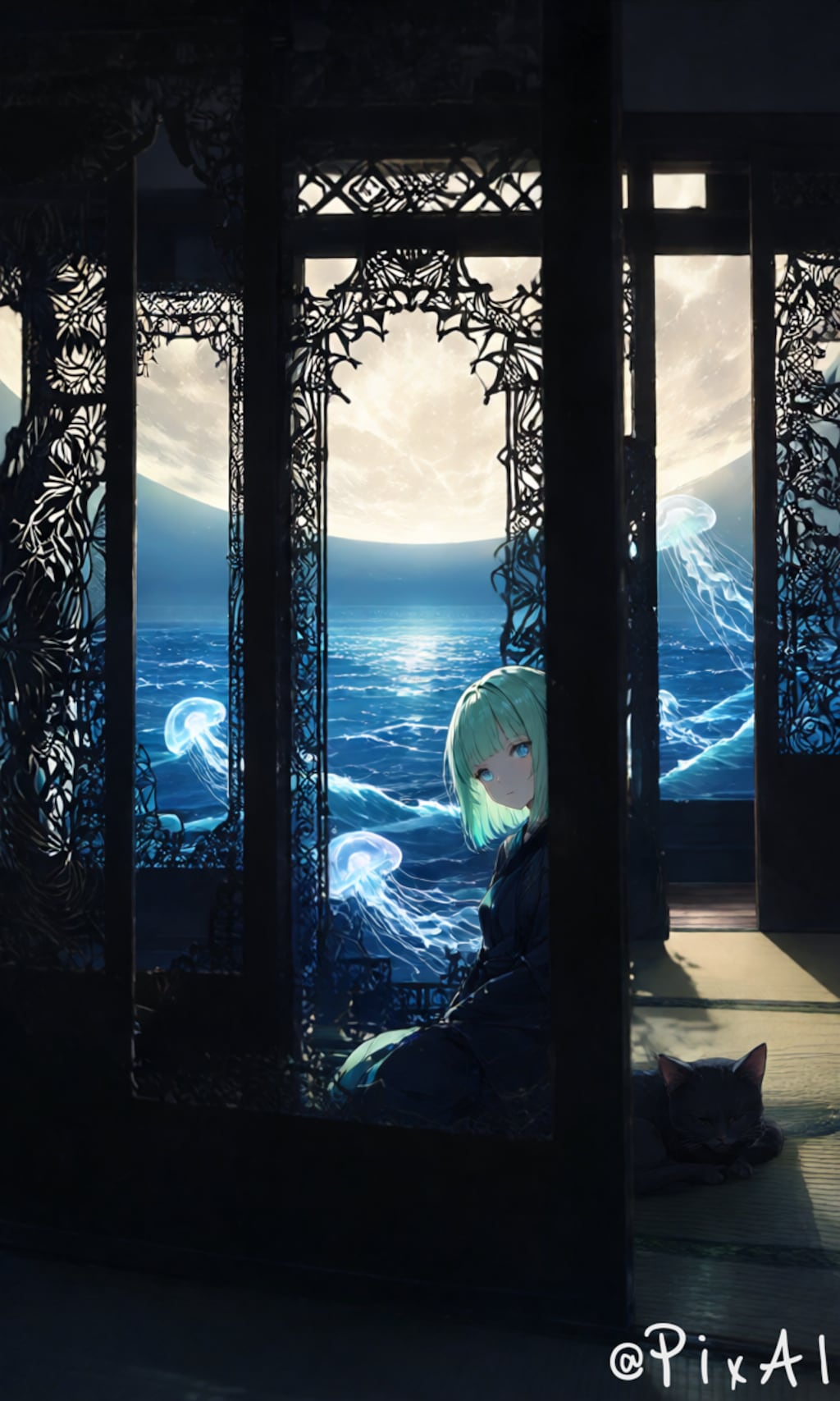 黒漆の陰に浮かぶ月とクラゲ