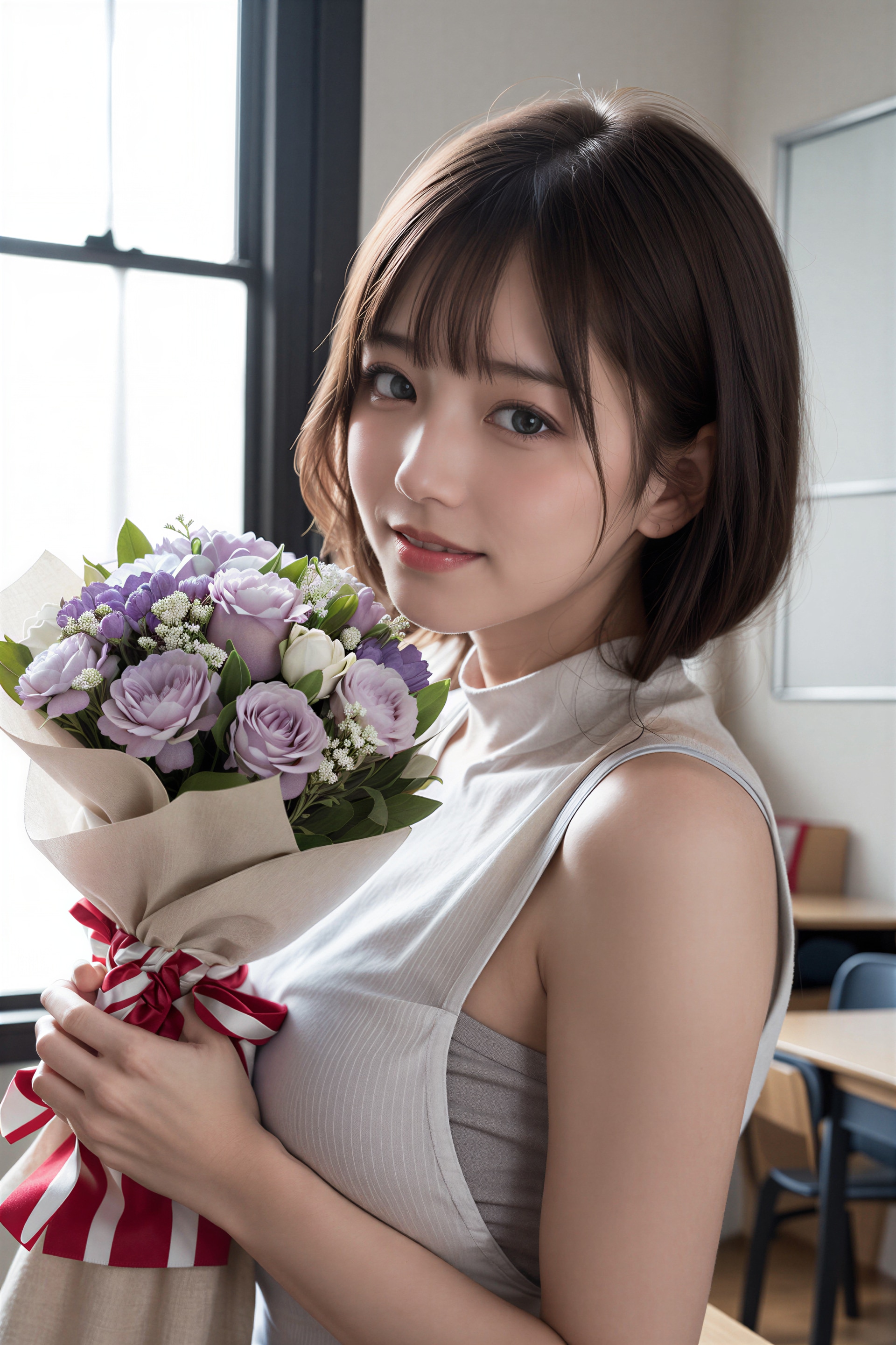 花束をもらう女性