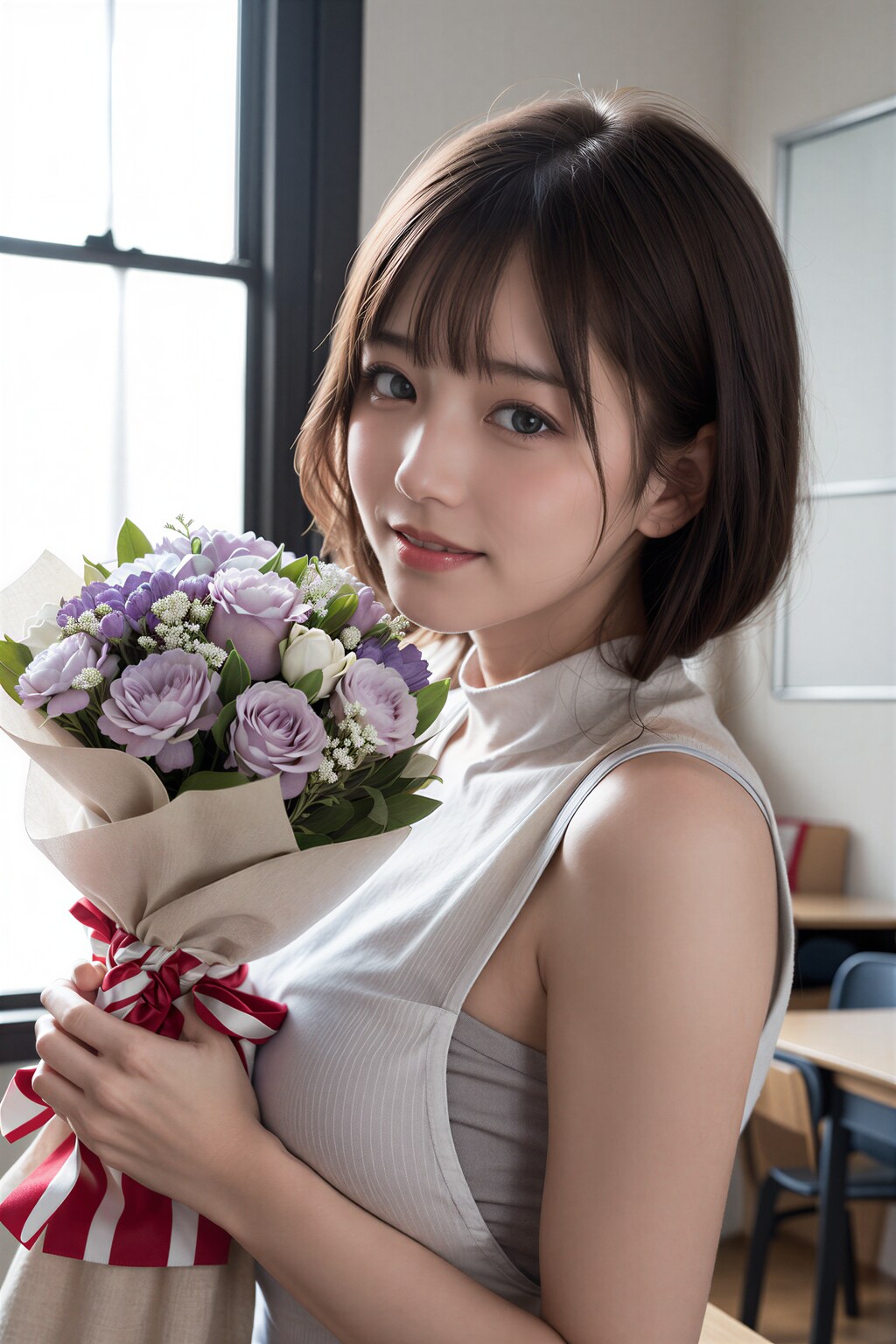 花束をもらう女性