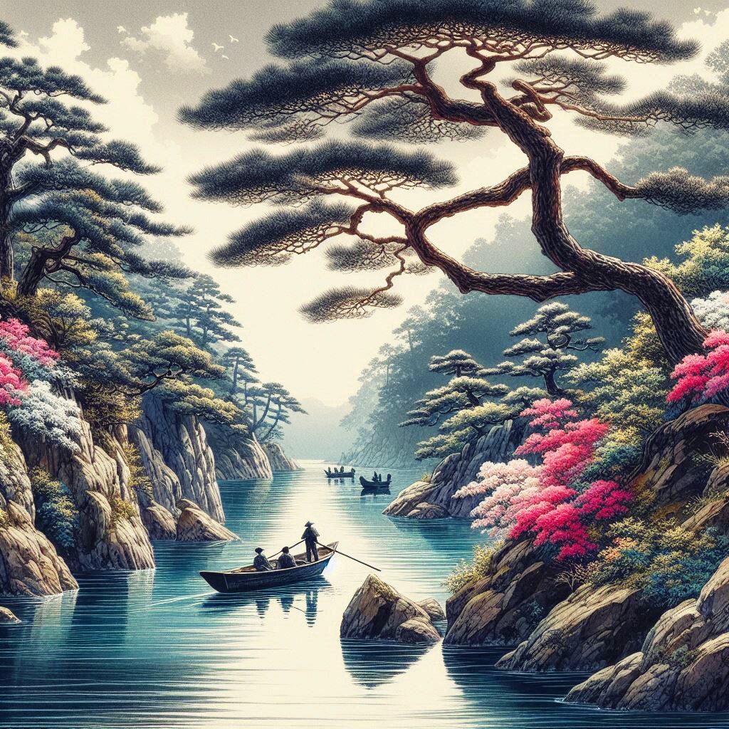 下り舟岩に松ありつつじあり