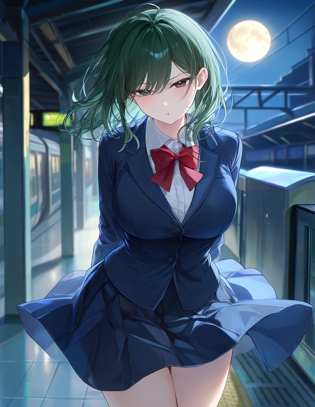夜の駅で列車を待つ『ぽっちゃりさん』(PixAI版)