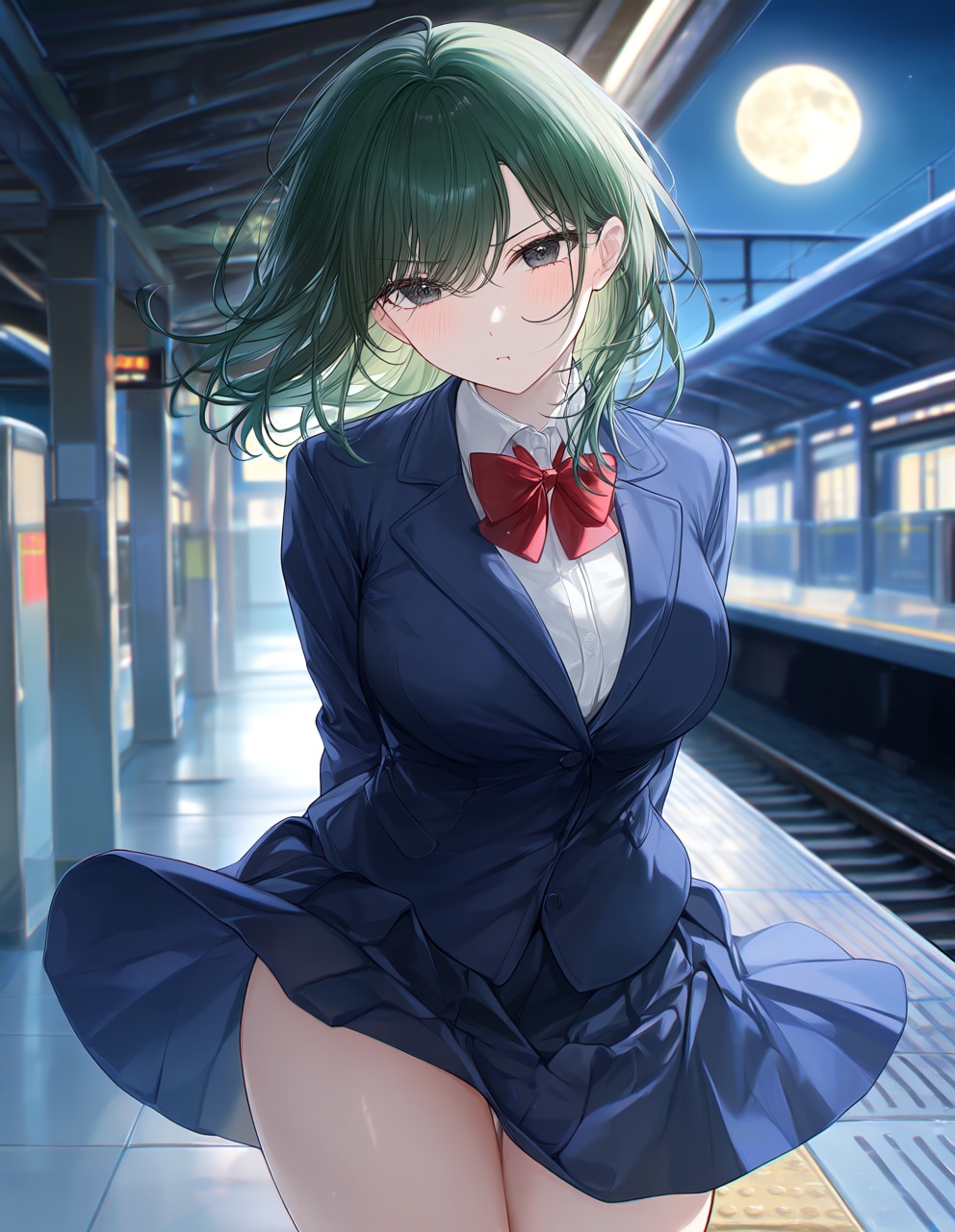 夜の駅で列車を待つ『ぽっちゃりさん』(PixAI版)