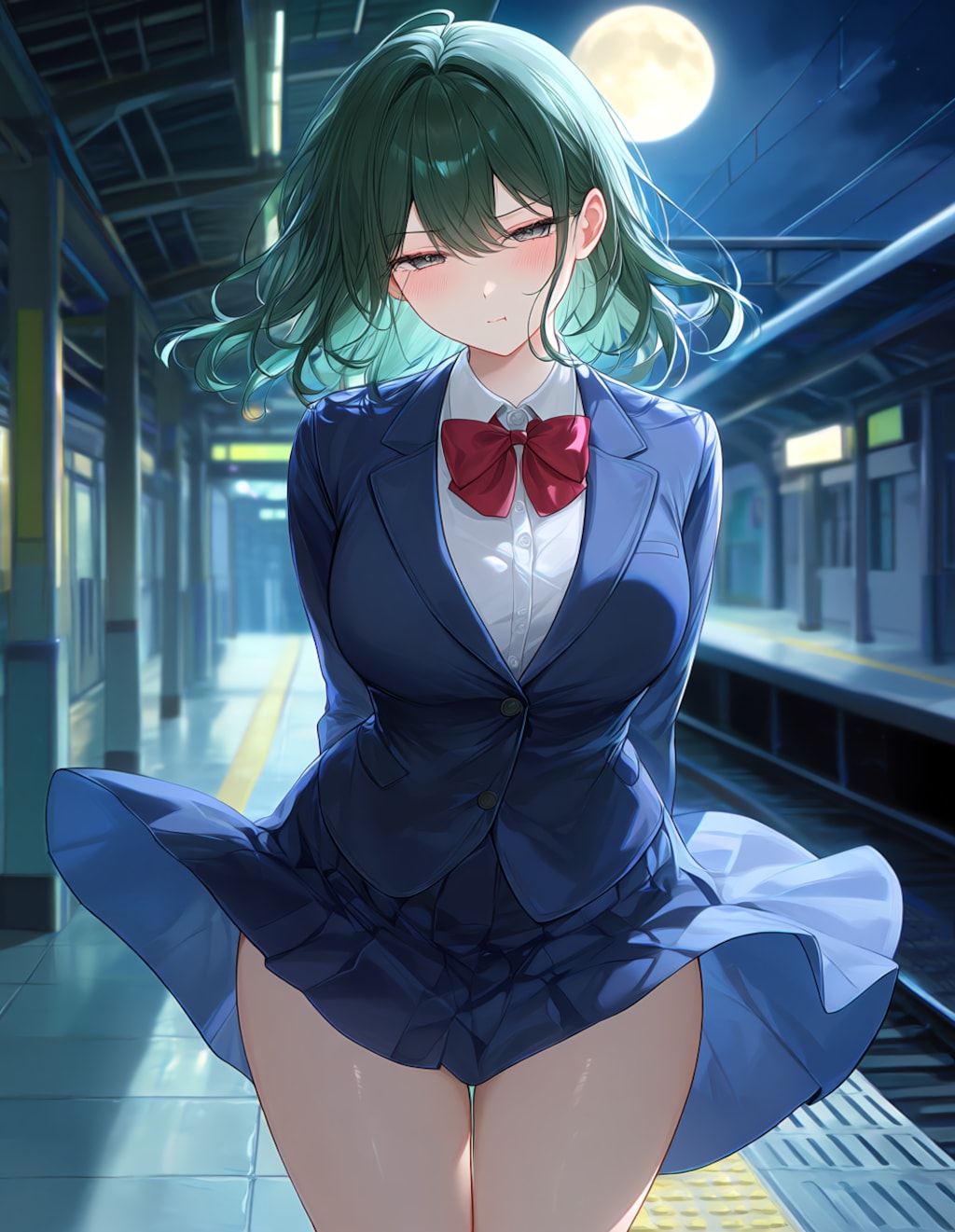 夜の駅で列車を待つ『ぽっちゃりさん』(PixAI版)