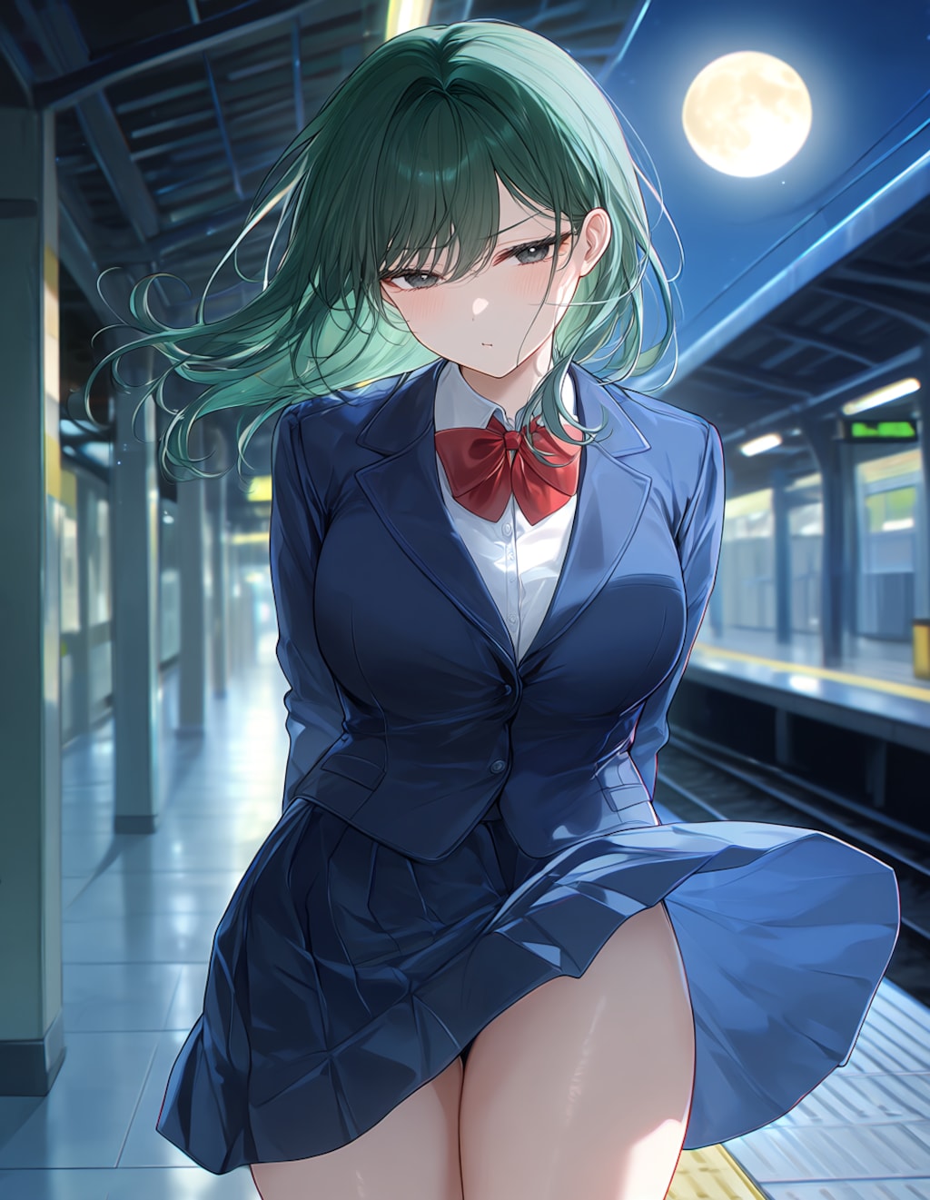夜の駅で列車を待つ『ぽっちゃりさん』(PixAI版)
