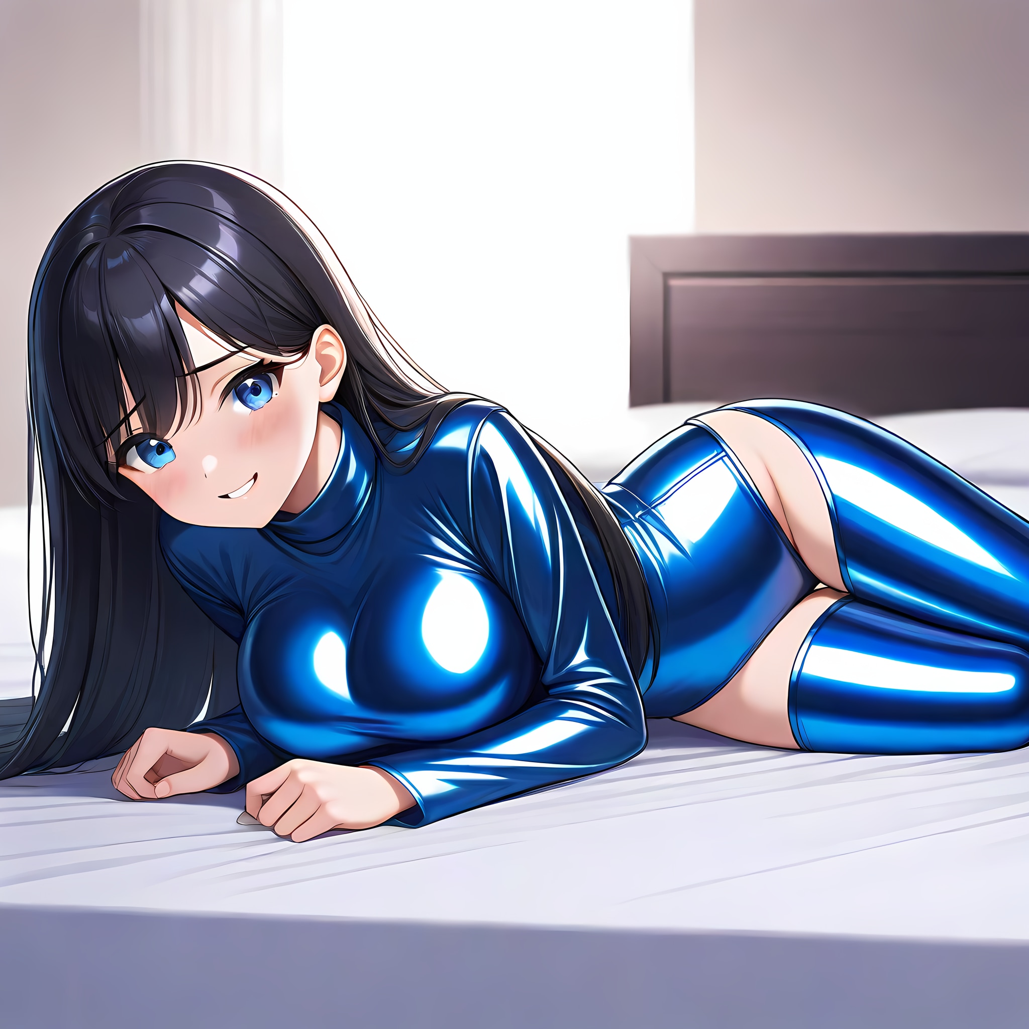青メタリックレオタードサイハイソックス