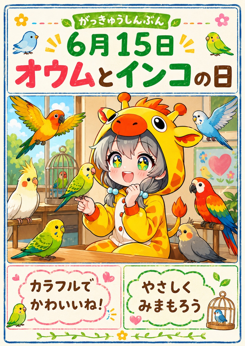 オウムとインコとキリン着ぐるみちび子ちゃん