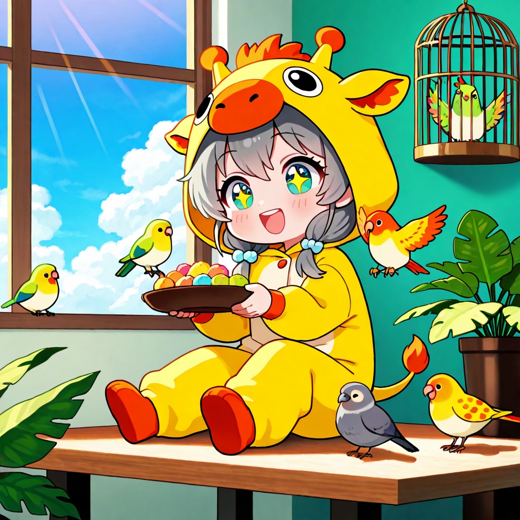 オウムとインコとキリン着ぐるみちび子ちゃん