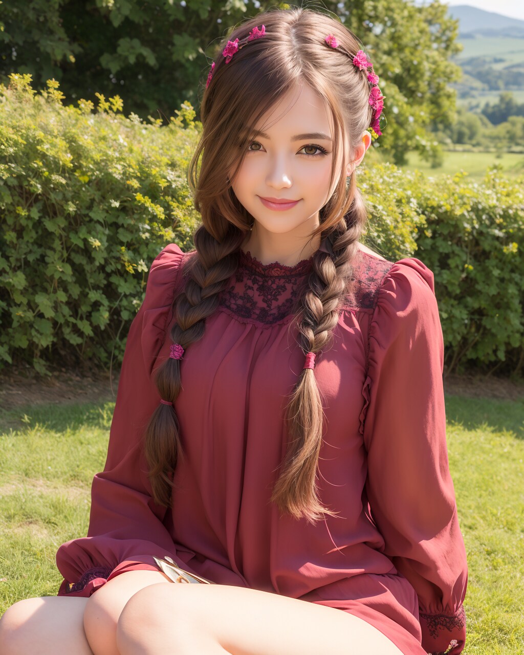 三つ編みの女の子。アクセントカラー　色褪せたダークレッド