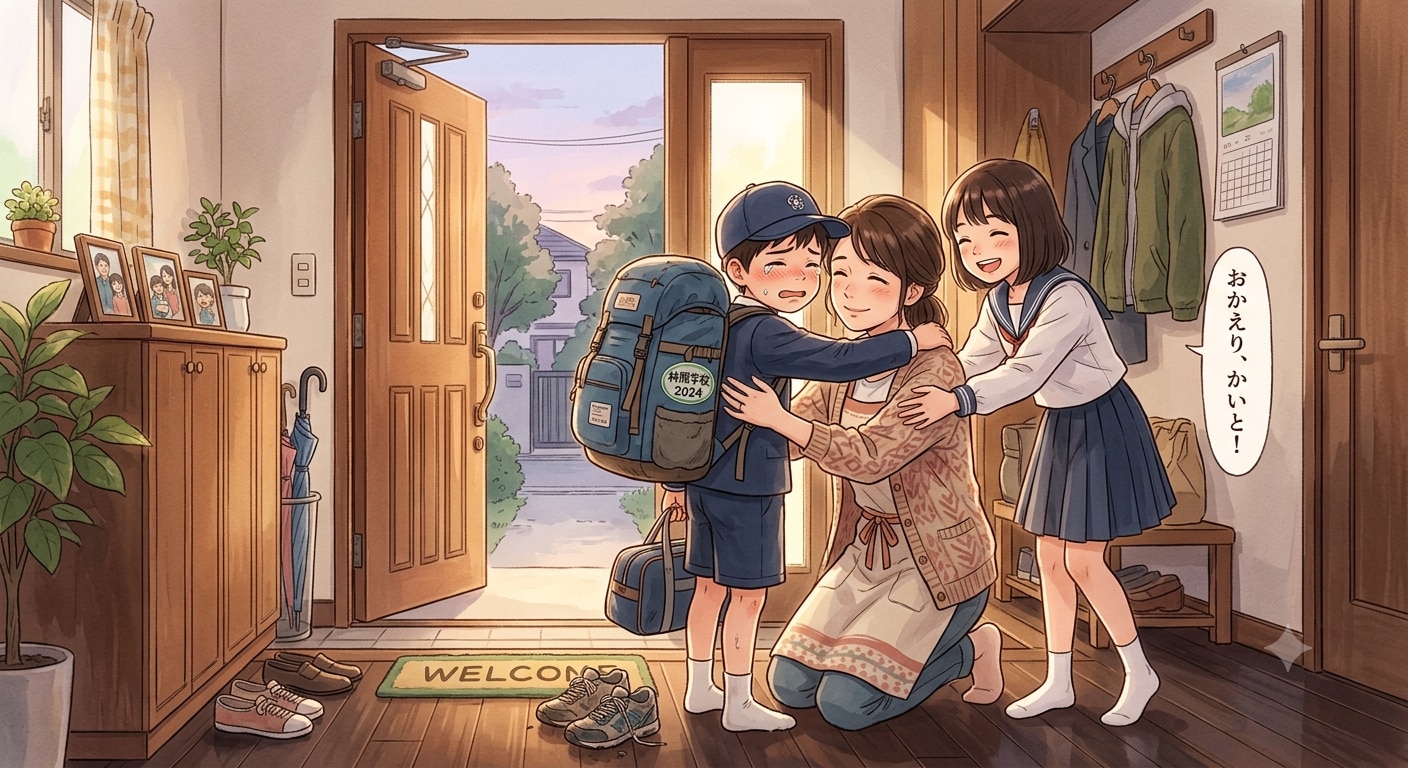 林間学校でホームシックになった少年がやっと帰宅してママとお姉ちゃんのお出迎え