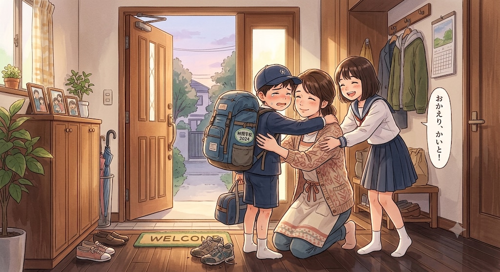 林間学校でホームシックになった少年がやっと帰宅してママとお姉ちゃんのお出迎え
