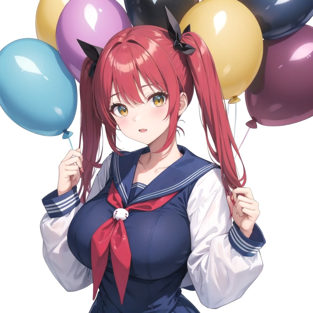 いっぱい色とりどりの風船を持つ赤い髪ツインテールのセーラー服着た美少女