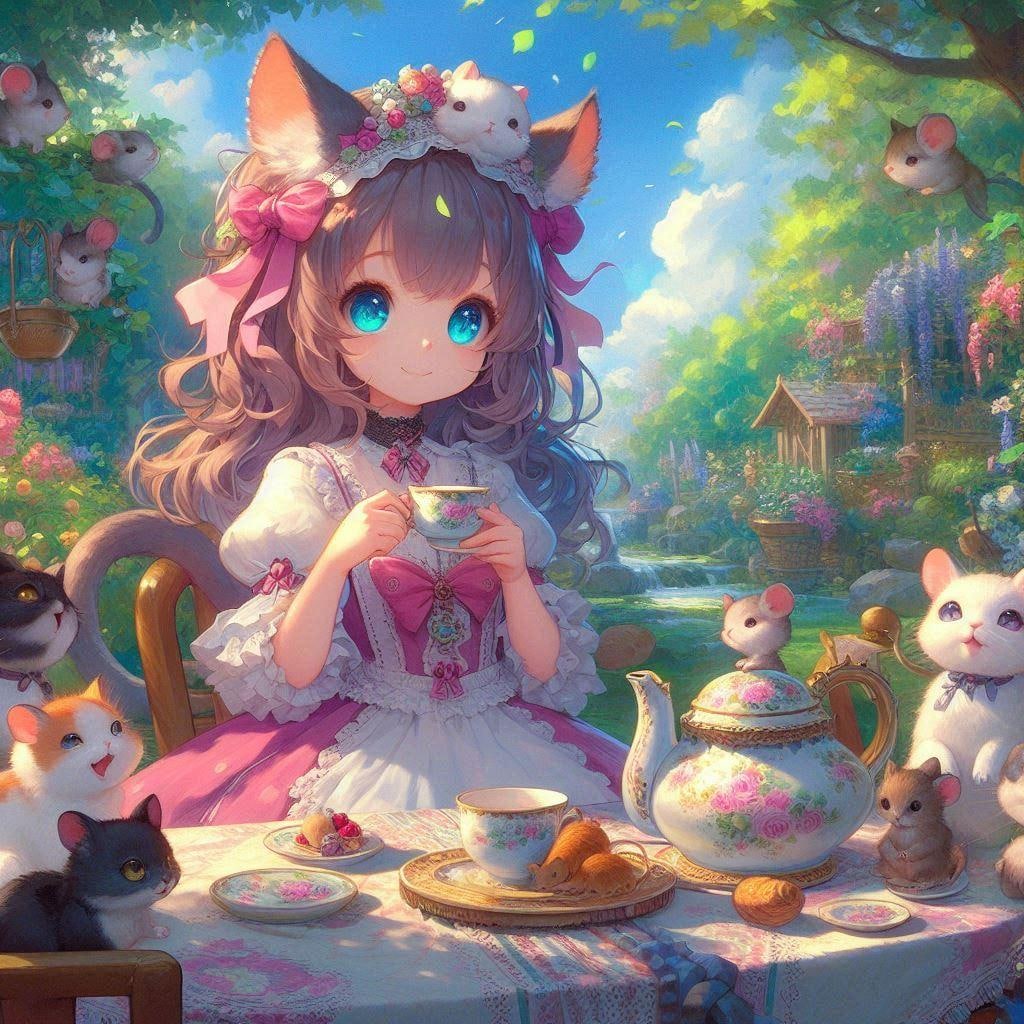 お庭で茶話会。