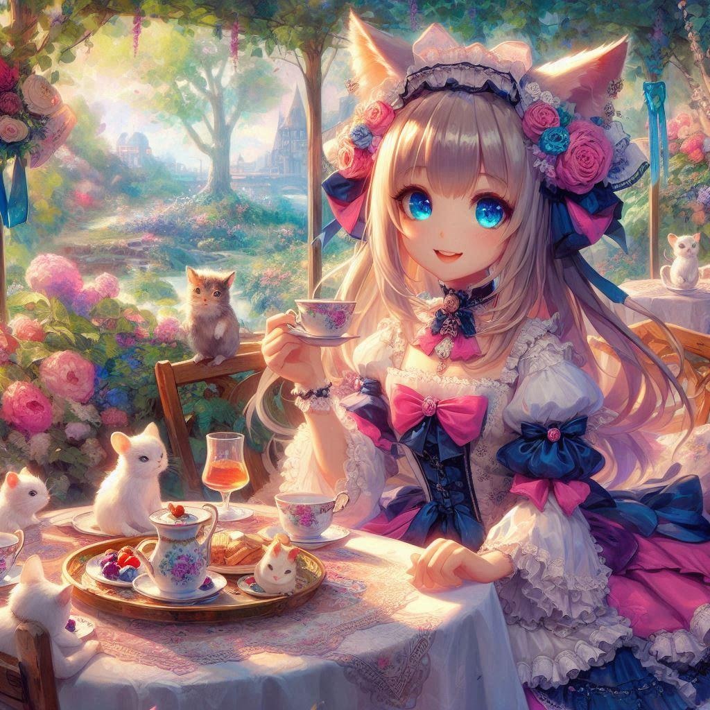 お庭で茶話会。