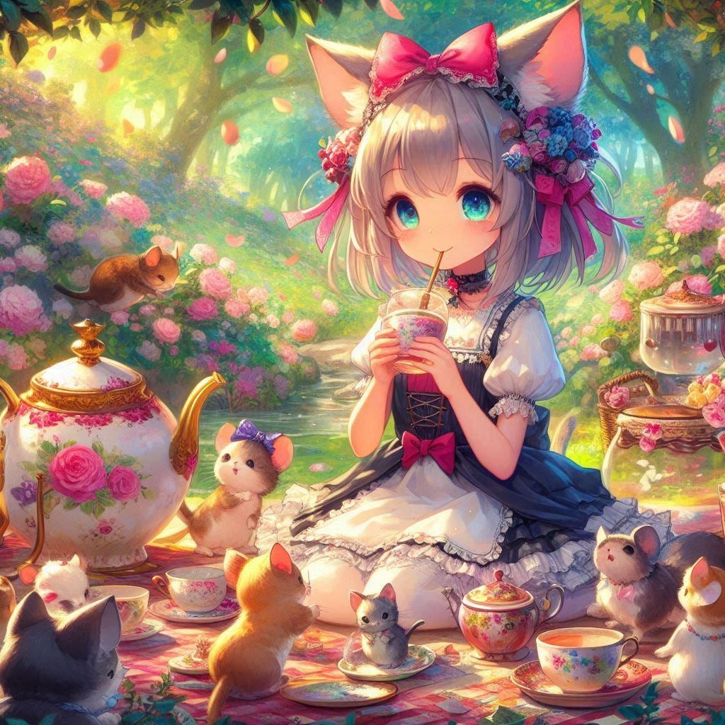 お庭で茶話会。