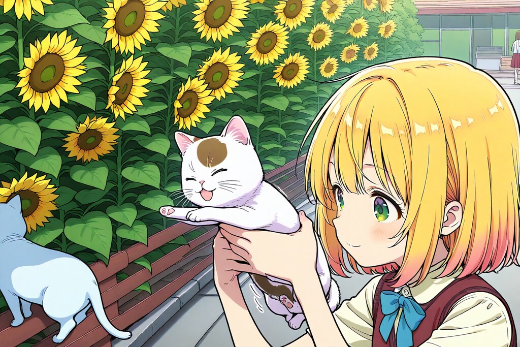 ねことひまわりと女の子