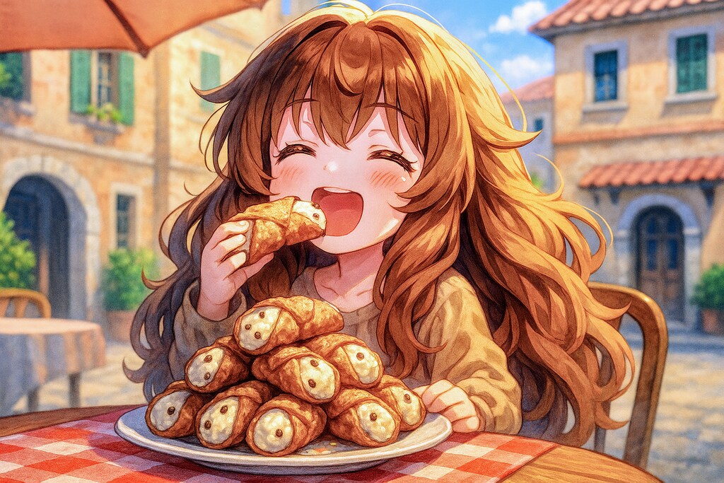 イタリアの焼き菓子を食べる小さな女の子