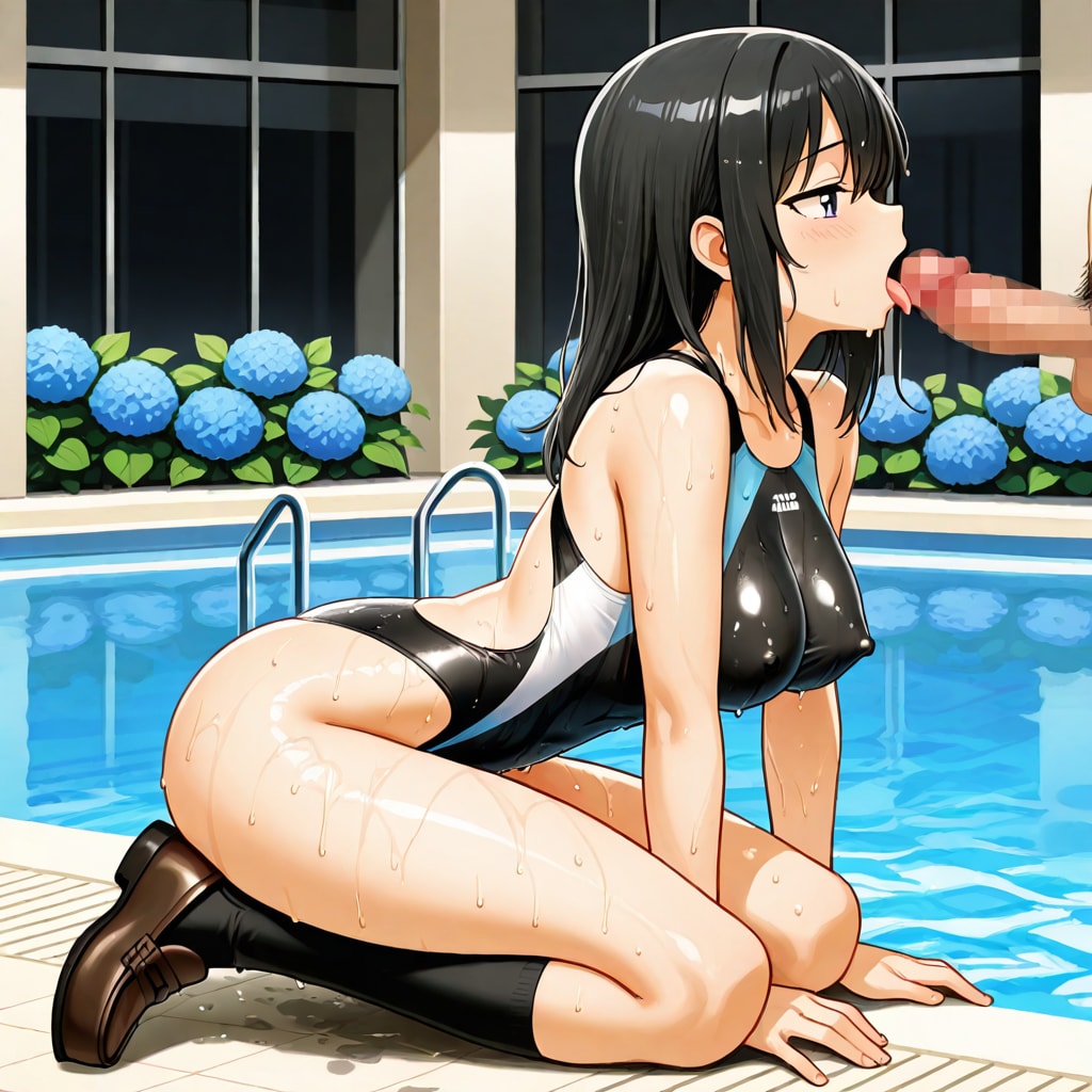 紫陽花の咲くプールで淫らになる競泳水着の少女