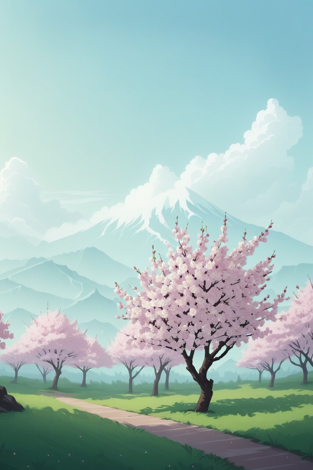 春の桜と山並みと