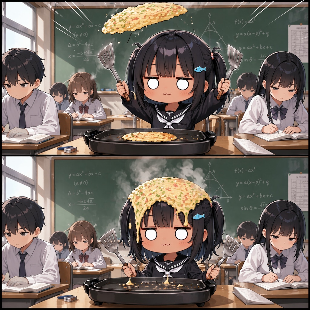 お好み焼きをひっくり返すこなつちゃん