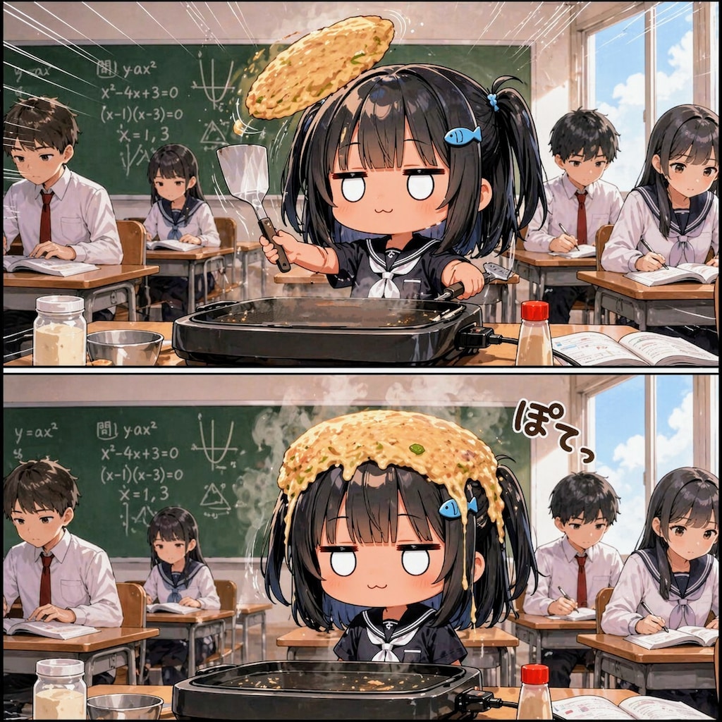 お好み焼きをひっくり返すこなつちゃん