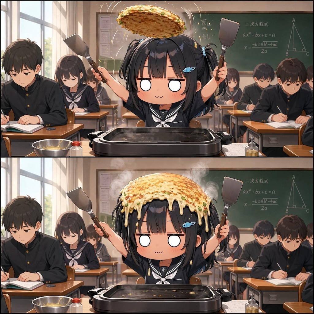 お好み焼きをひっくり返すこなつちゃん