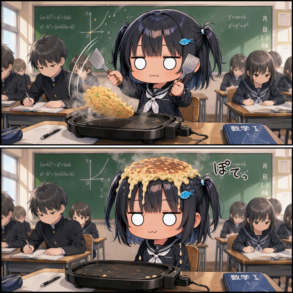 お好み焼きをひっくり返すこなつちゃん