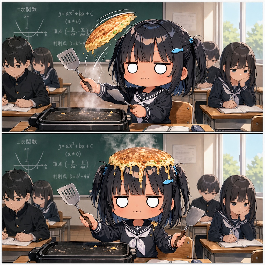 お好み焼きをひっくり返すこなつちゃん