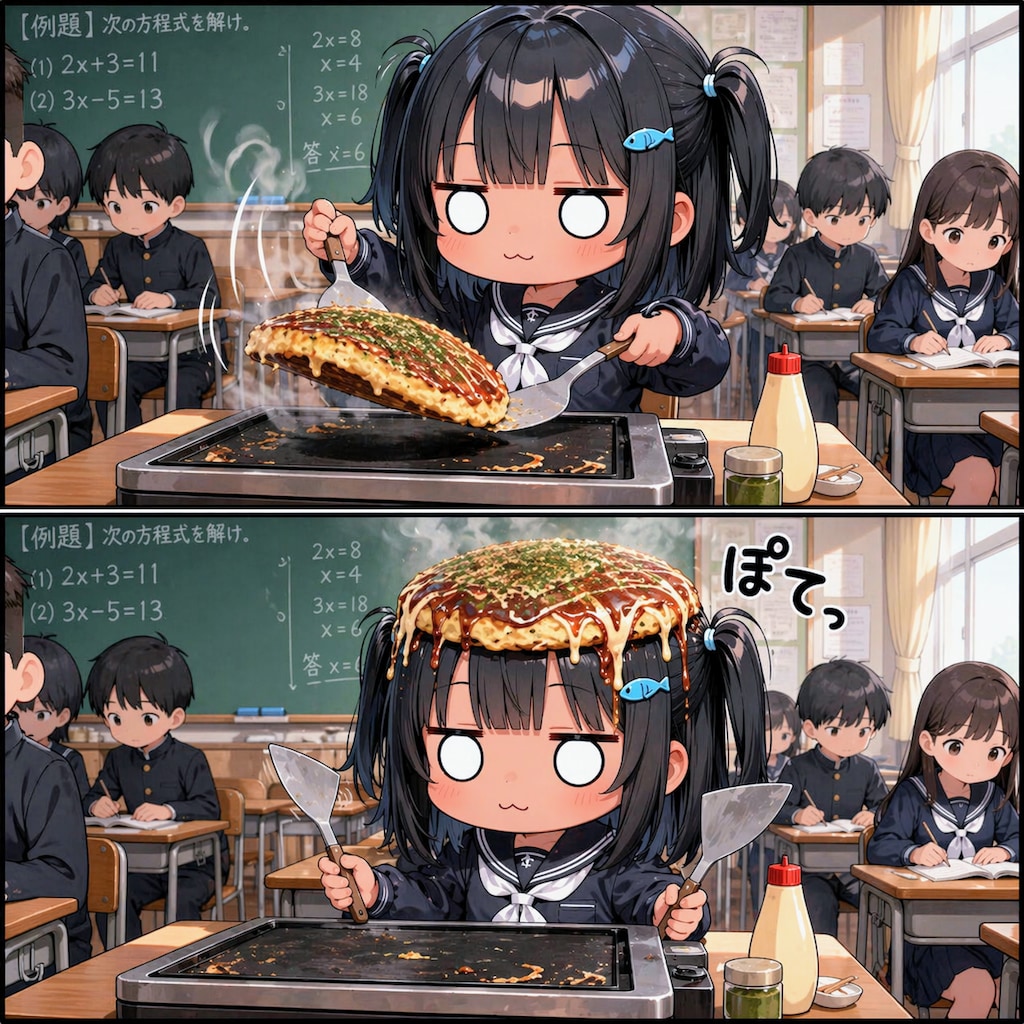 お好み焼きをひっくり返すこなつちゃん