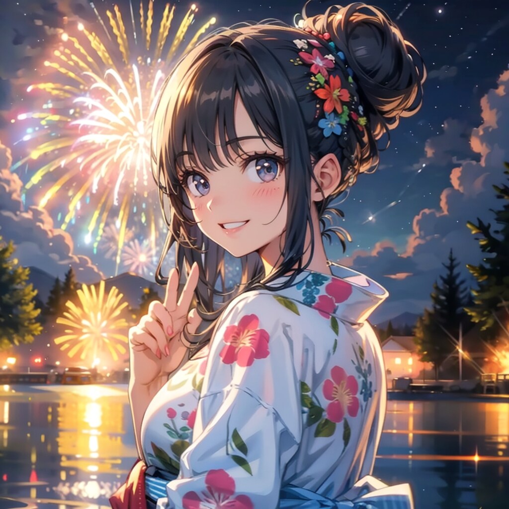 花火とピースサイン