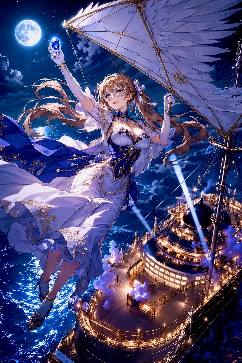 豪華客船から夜の海へ滑空