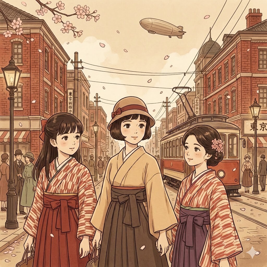 大正ロマンを感じさせる女性たちと風景