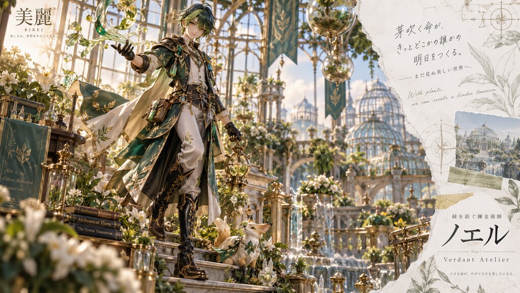 An alchemist weaving green light in a glass conservatory, his fox familiar watching from the steps.