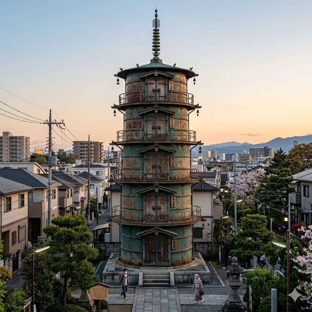 ドラム缶を使用した五重の塔