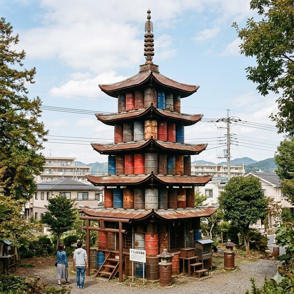 ドラム缶を使用した五重の塔